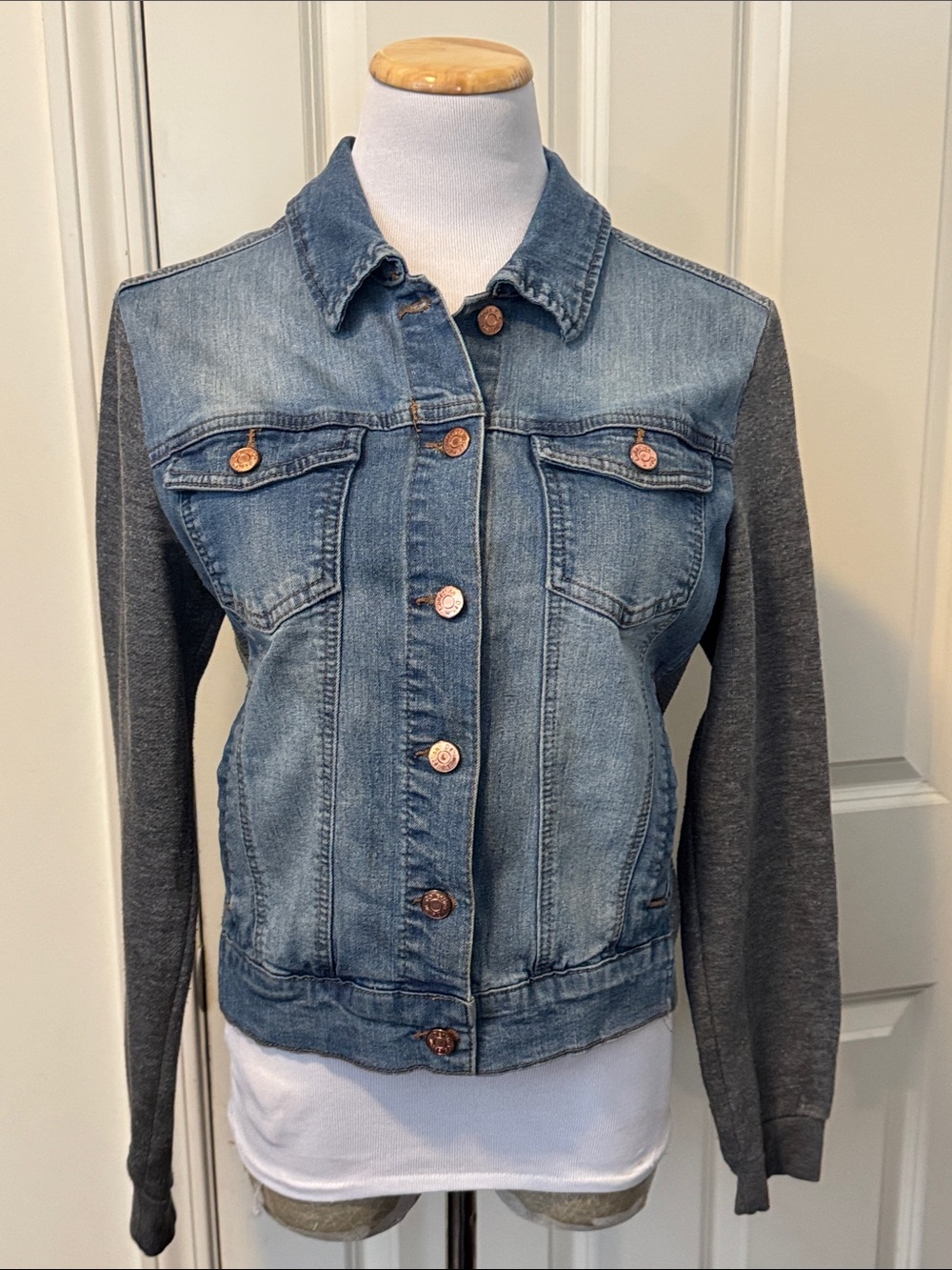 Ci Sono Blue Denim Jacket with Gray Knit Sleeves
